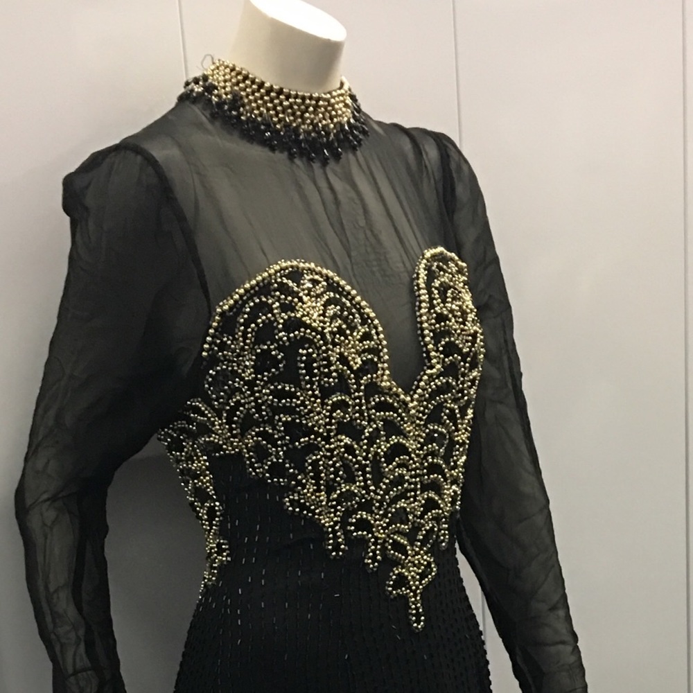 Long black evening dress sheer with bead & sequin